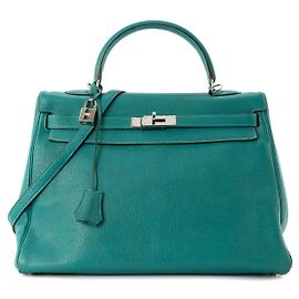 HERMÈS - Bolsa de Mão Kelly 35 em Couro de Cabra Mysore Azul Pavão Azul