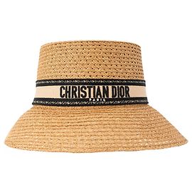 DIOR - Chapéu D-Bobby de aba larga em palha e lona preta e bege (T58) Marrom