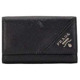 PRADA - Black grained leather key pouch Navy blue