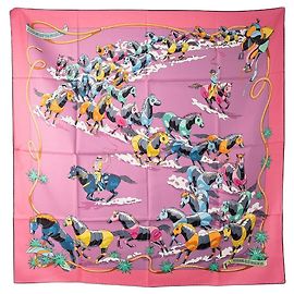 HERMÈS - Lenço 90 cm Dupla Face Les Mustangs Hermès em Seda Multicolorida Multicor