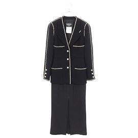 Chanel Camellia Button Wool Silk Suit Black