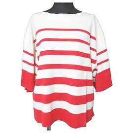 Autre Marque Kurzarmstrickshirt mit breitem Rand 18G Weiß Rot
