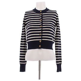 Ami Cardigan rayé en laine marine et blanc Bleu Marine