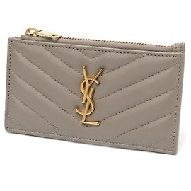 Saint Laurent Cassandra Fragment Card Case Zip Holder Lambskin Gray Brown