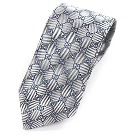 GUCCI % Silk GG Logo Pattern Tie, Regular Silver/Navy, Made in Italy, Authentic, Recommended for Men  Silvery