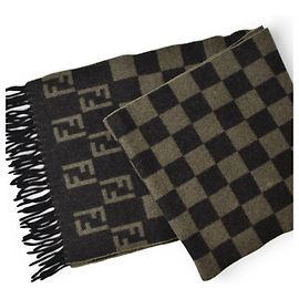 Fendi Scarf, Winter Reversible, % Wool, FF Zucca Pattern Check, Black/Gray Black