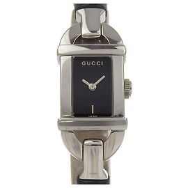 Gucci Bangle Watch Stainless Steel x Bamboo Quartz Analog Display Black Dial Women's Black