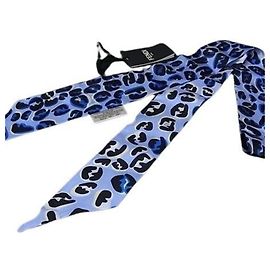 FENDI Bufanda/Bufanda de Cinta, Rappie, Azul x Negro, Seda, Mujer, Estampado de Leopardo Negro