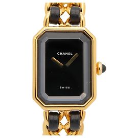 Reloj CHANEL Première S, chapado en oro (GP), correa de cuero, mujer, negro, Negro