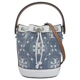 Bolsa de ombro mini bucket T Monogram em lona e couro Tory Burch para mulheres, azul branco () Azul
