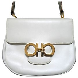 Salvatore Ferragamo Gancini Flap Shoulder Bag/Pochette, White with Gold Hardware, Women's White