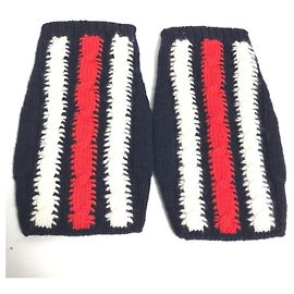 GUCCI Fingerless Striped Gloves Wool Women's Navy Red