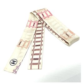 CHANEL CC Coco Marca Motivo Ferroviario Banda Bolsa Bufanda Seda Mujer Blanco Blanco