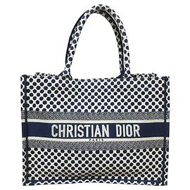 Christian Dior Polka Dot Book Tote Canvas Jacquard Handbag Medium - Women's Navy blue