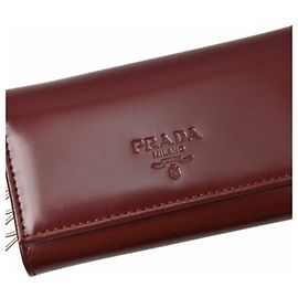 Prada Key Case Holder PRADA -ring Leather Bordeaux Wine Red Engraved Women's Men's Red