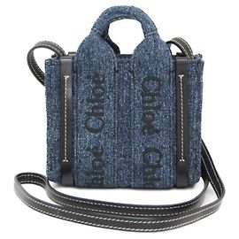 Chloé Woody Nano Women's Denim,Leather Handbag,Shoulder Bag Black,Blue Black