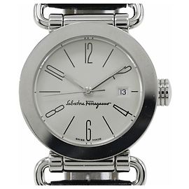 Relógio de quartzo em aço inoxidável e couro feminino Salvatore Ferragamo com mostrador analógico e fundo branco Branco