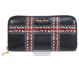 Miu Miu Langer Geldbeutel aus Leder mit Madras-Check MIU, Schwarz, Grau, Rot, Damen Schwarz