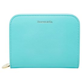 Tiffany & Co. Rectangular Wallet, Round Zipper, Blue Leather, Women's Wallet. Blue
