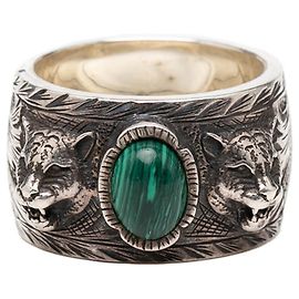 Gucci Tiger Head Gartenring, Größe , Silber, Grün, , Malachit, Herren, GUCCI Grün