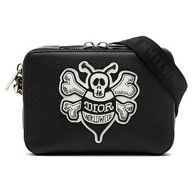 Borsa a spalla Christian Dior Dior x Stussy Bee Patch, pelle nera e bianca, da uomo. Nero