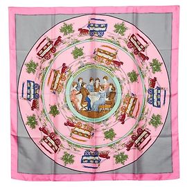 Lenço/Cachecol Hermès JOGO DOS ÔNIBUS E DAMAS BRANCAS (O Jogo dos Ônibus e Damas) em Seda Rosa, Feminino HERMES Rosa