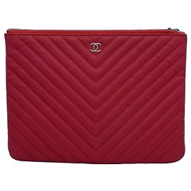 Chanel Clutch Bag Red V Pattern Leather Red