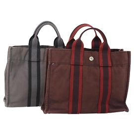 Hermès HERMES Bolsa Fourre Tout PM de Lona 2 Set Gris Burdeos Auth BA12167 Castaño Burdeos