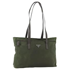 PRADA Tote Bag Nylon Khaki Silver Auth 176359 Silvery Khaki