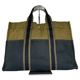 Bolsa de lona Hermès Fourre Tout vintage khaki e preta Verde