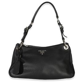 Bolsa de Ombro Prada em Vitello Preto Phenix com Logo Preto
