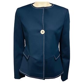 Piazza Sempione Navy Blue / White Contrast Stitching Collarless One Button Blazer Jacket Navy blue