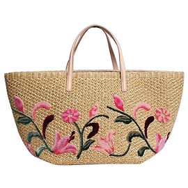 Ermanno Scervino Beige and pink floral raffia bag Pink