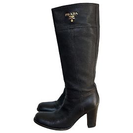 Prada Black Leather Knee-High Block Heel Boots Black