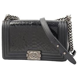 Chanel Boy Medium Python and Lambskin Shoulder Bag Navy Blue Navy blue