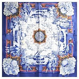 Lenço Hermès Carré 90 Branco Azul marinho