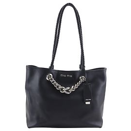 Bolsa Tote de Couro Preto Miu Miu com Corrente Preto