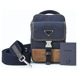 Borsa a Spalla in Camoscio e Nylon Prada Marrone Blu navy