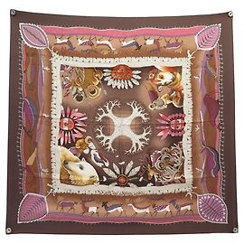 Hermès BUFANDA HERMES LA VIDA DEL GRAN NORTE A. HONORE BUFANDA DE SEDA 90 CM Castaño
