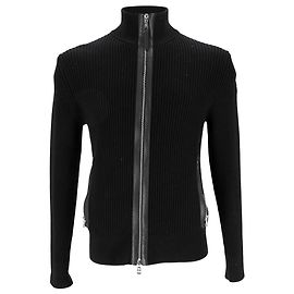 Moncler Leather-Trimmed Ribbed Cardigan in Black Wool Black