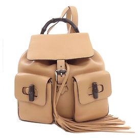 Gucci Bamboo Fringe Leather Backpack Beige