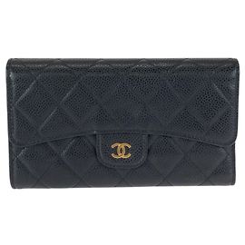 Chanel Matelassé Black Caviar Leather Long Wallet Black