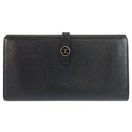 Chanel Coco Button Black Leather Long Wallet Black
