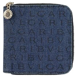 Bulgari Bvlgari Logomania Denim Leather Bi-Fold Wallet Black Blue