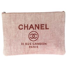 Chanel Deauville Coco Mark Pink Canvas Clutch Bag Pink