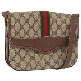 Bolsa de Ombro Gucci GG Supreme Web Sherry Line PVC Bege Ouro Auth 175366 Bege Dourado
