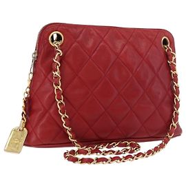 CHANEL Bolsa de Ombro Matelassé em Couro de Cordeiro Vermelha Dourada CC Auth 176873 Vermelho Dourado