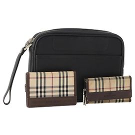 BURBERRY Nova Check Pouch Canvas Leather 3 Set Beige Black Auth ti3893 Black Beige