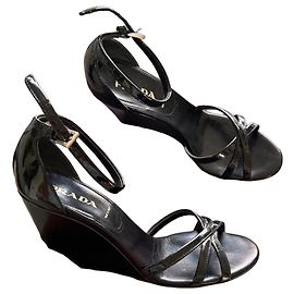 Prada Black Patent Leather Wedge Sandals - Size 37 IT Black