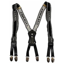 Chanel Vintage Logo Coco Mark Hardware Leather Suspenders Black
